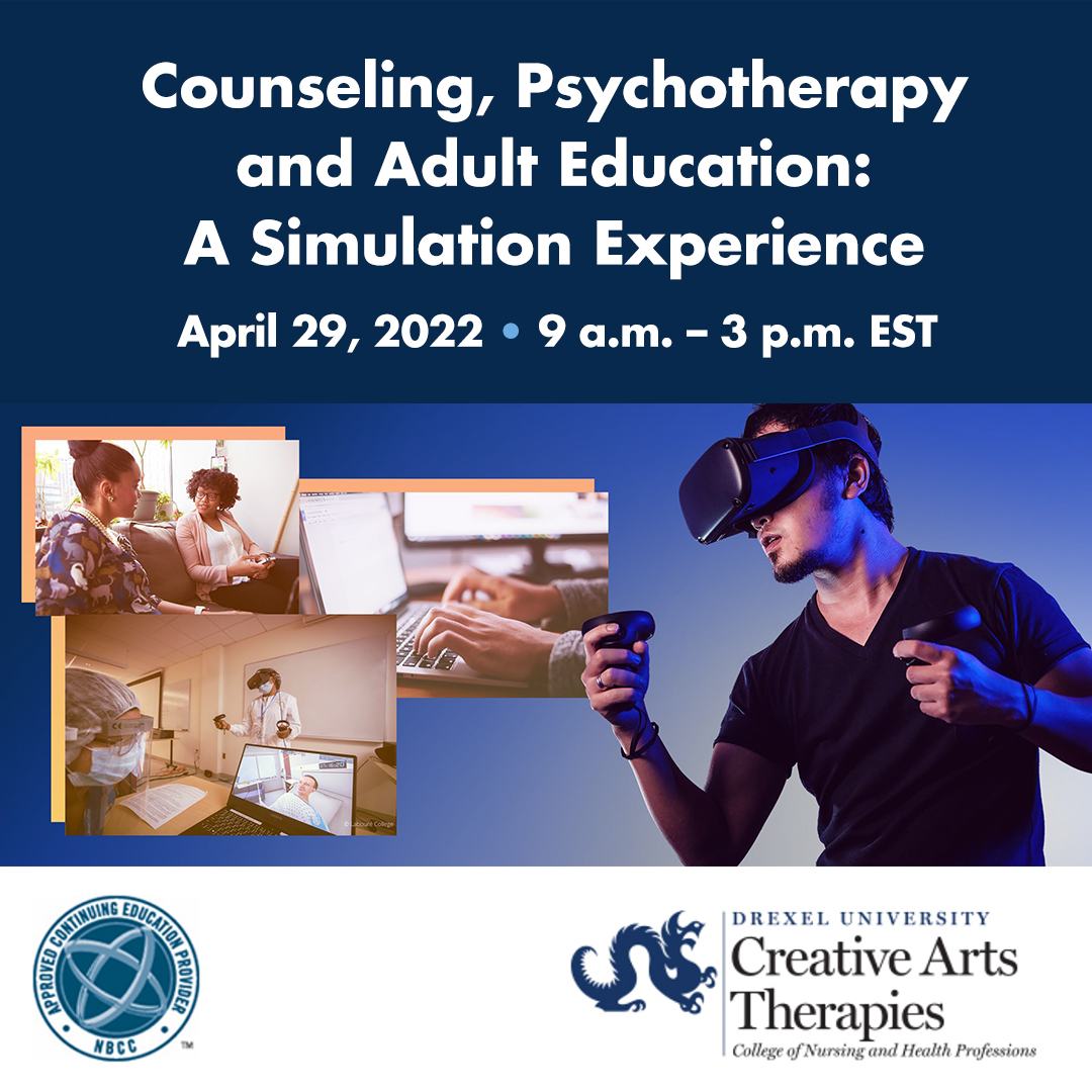 A male wearing a black t-shirt and virtual reality (VR) goggles is on the right of this image. On the left are vignettes of a one-on-one counseling session, a simulation exercise with VR goggles and a person typing.